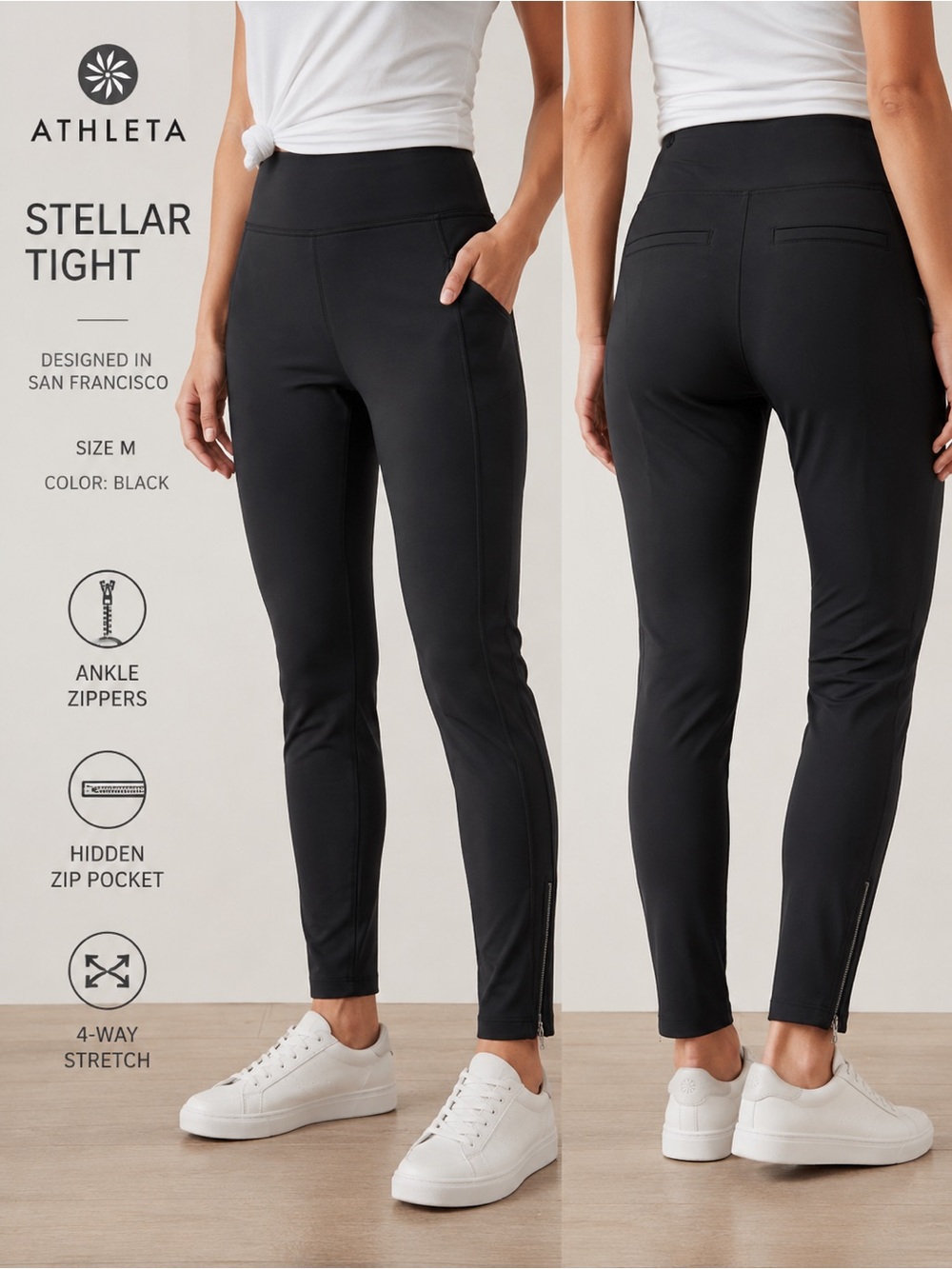 Athleta Stellar Tight Black Size Medium Zip Ankle Pull On Career Travel Pant